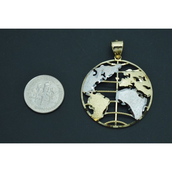 Real 10K Yellow White Gold Two-Tone Textured World Charm Pendant 4.2gram - Picture 2 of 7